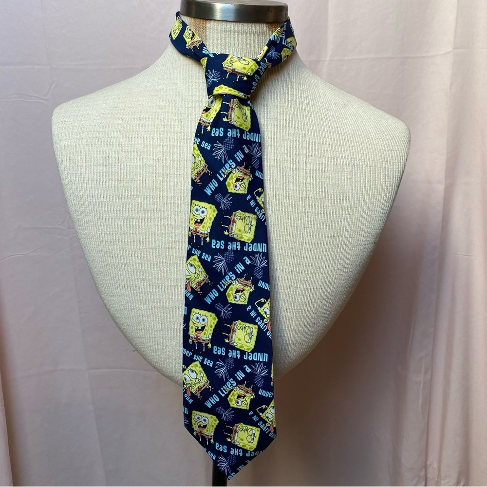 VTG Y2K Spongebob Squarepants Printed Blue Standard Neck Tie Nickelodeon 2004